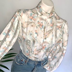 v i n t a g e :: Pleated Draped High Neck Paisley Satin Blouse